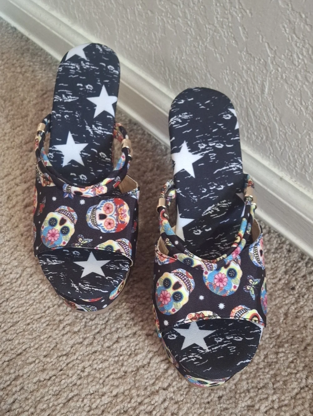 Black Sugar Skull Print Platform Sandals